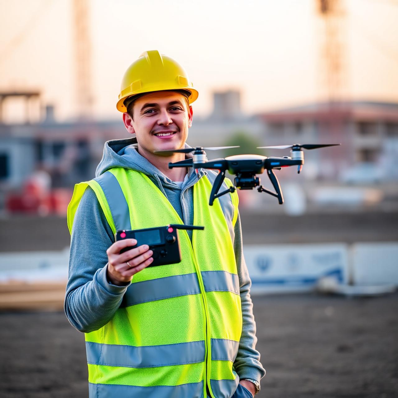 FAA certified drone pilot in hi-vis vest and hard hat