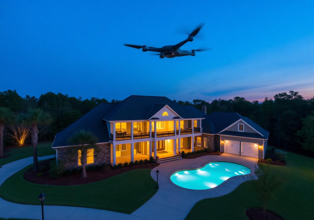 Twilight aerial drone shot of a luxury home with pool